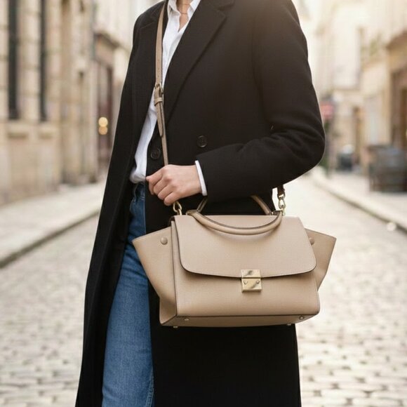 Celine Handbags - AUTHENTIC CELINE Hand Bag Beige Leather suede